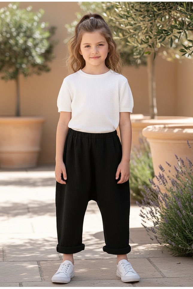 Pantalon En Lin Noir Ample Décontracté Enfant