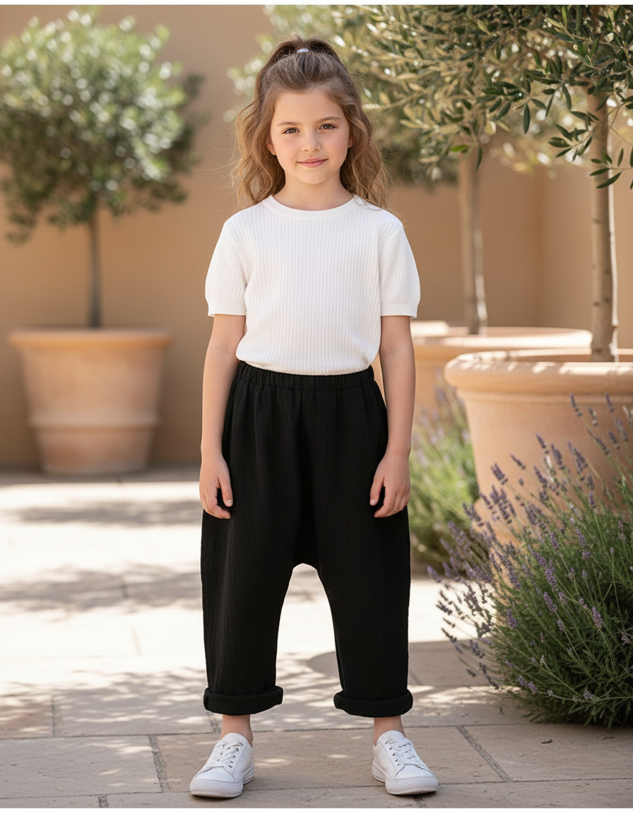 Pantalon En Lin Noir Ample Décontracté Enfant