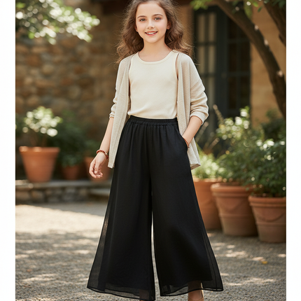 Pantalon En Lin Noir Ample Fluide Élastique Fille