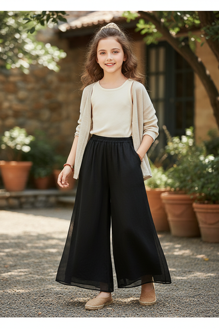 Pantalon En Lin Noir Ample Fluide Élastique Fille