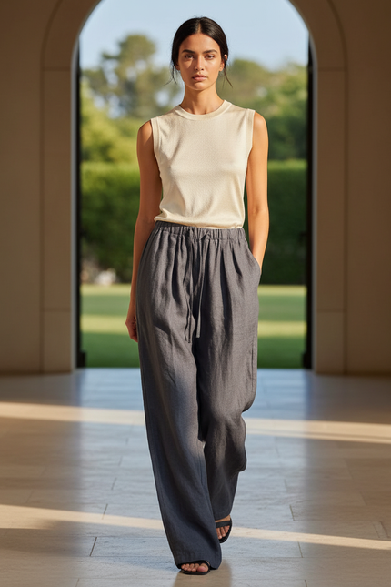 Pantalon En Lin Gris Ample Décontracté Femme