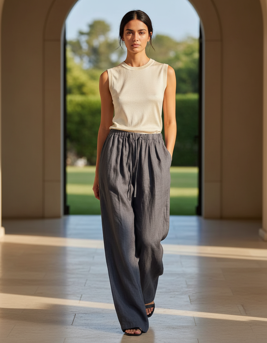Pantalon En Lin Gris Ample Décontracté Femme