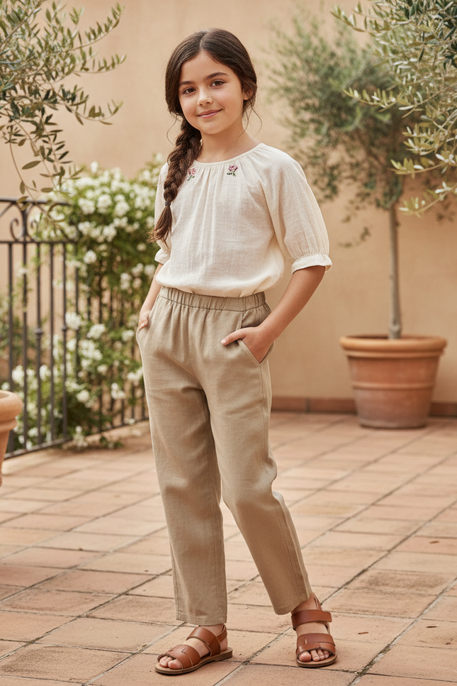 Pantalon En Lin Beige Ample Décontracté Enfant Fille