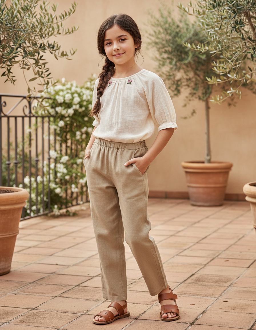 Pantalon En Lin Beige Ample Décontracté Enfant Fille