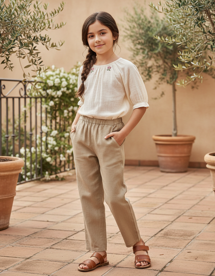 Pantalon En Lin Beige Ample Décontracté Enfant Fille