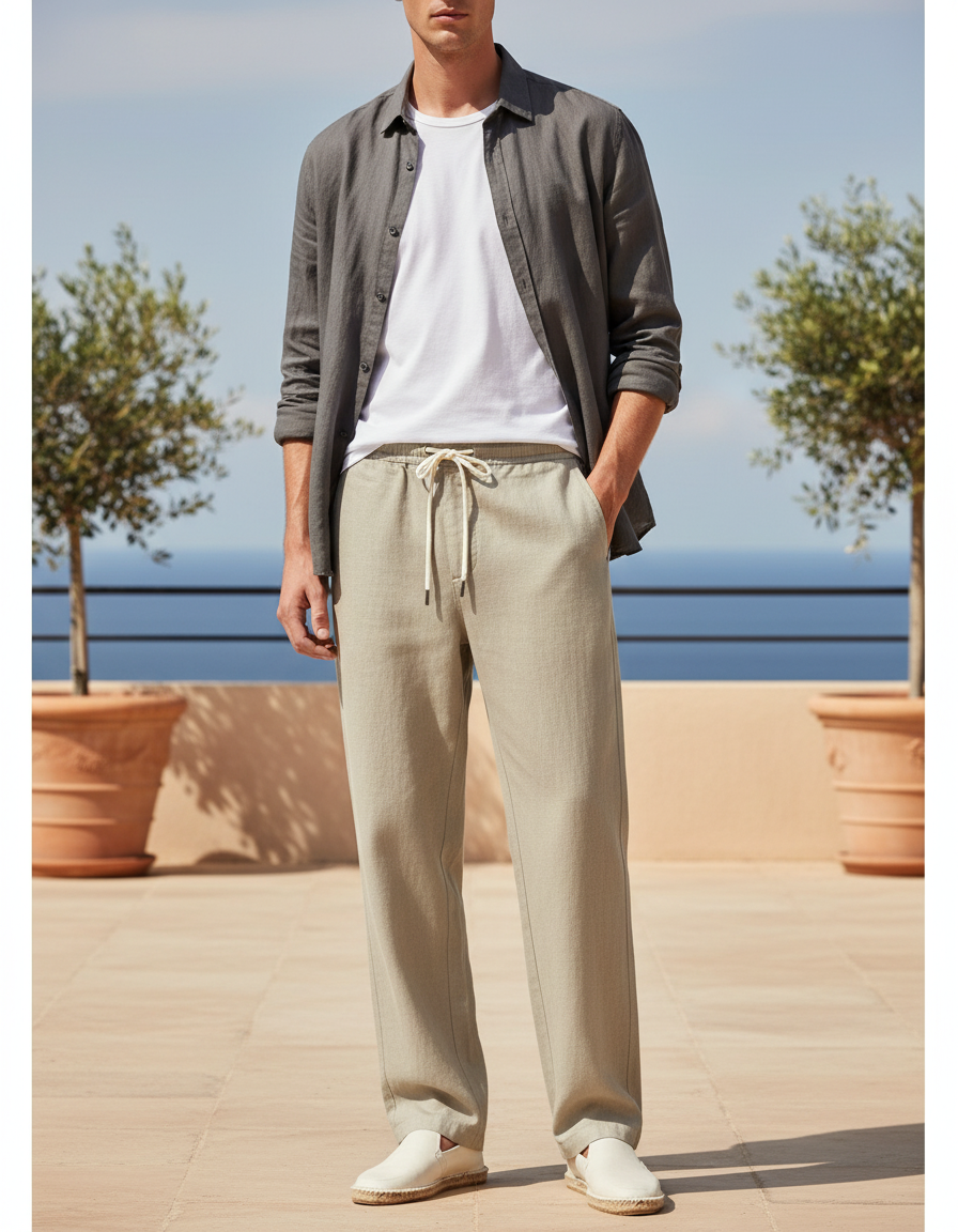 Pantalon En Lin Homme Beige Ample Droit Décontracté
