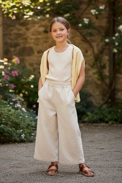 Pantalon En Lin Écru Ample Fille Décontracté Coton - Beige