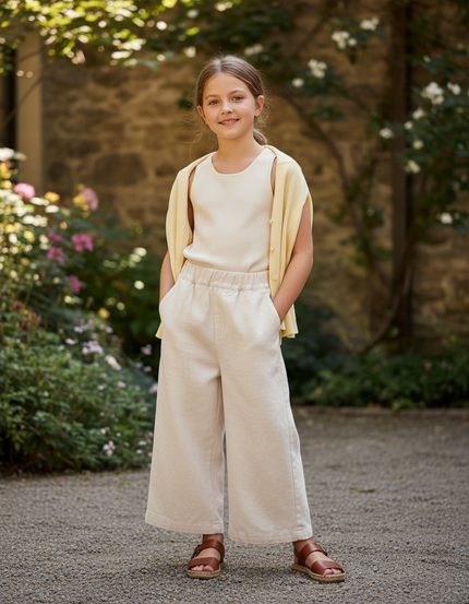 Pantalon En Lin Écru Ample Fille Décontracté Coton - Beige