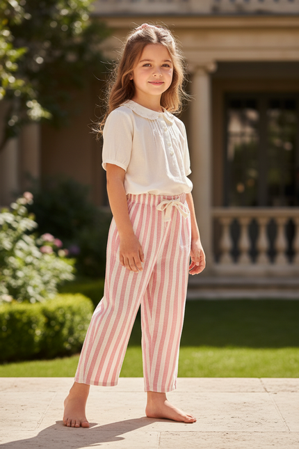 Pantalon Lin Rayé Rose