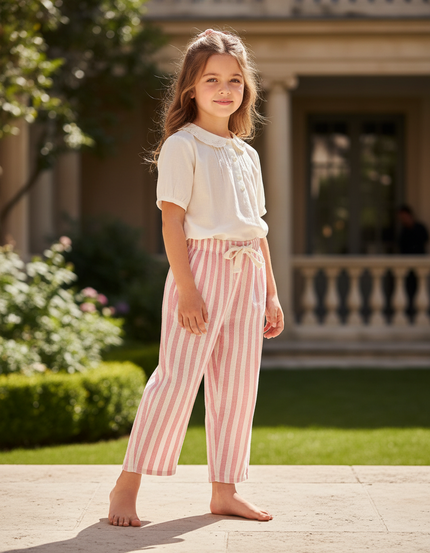 Pantalon Lin Rayé Rose