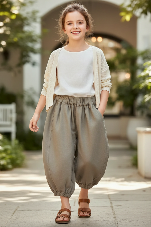 Pantalon En Lin Harem Ample Coton Enfant Garçon Fille - Kaki