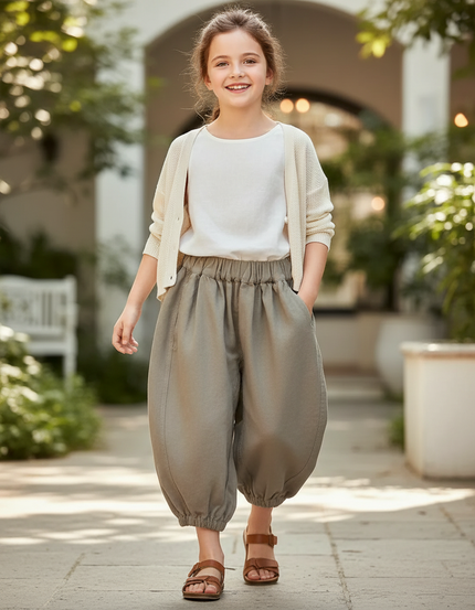 Pantalon En Lin Harem Ample Coton Enfant Garçon Fille - Kaki