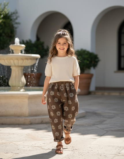 Pantalon En Lin Marron Imprimé Floral Ample Décontracté Enfant