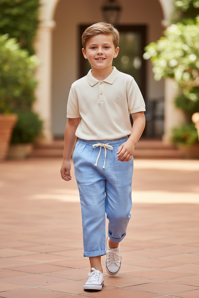 Pantalon En Lin Bleu Ciel Ample Décontracté Enfant Cordon De Serrage