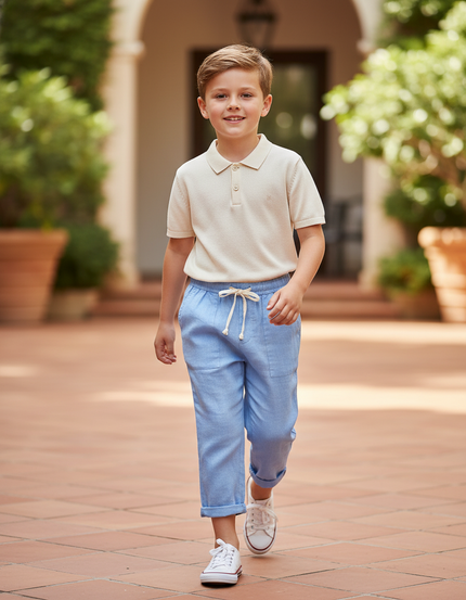 Pantalon En Lin Bleu Ciel Ample Décontracté Enfant Cordon De Serrage
