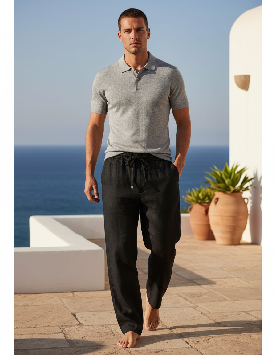 Pantalon En Lin Noir Ample Décontracté Homme Cordon
