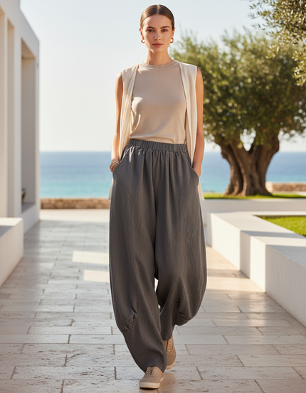 Pantalon En Lin Gris Ample Sarouel Décontracté Femme