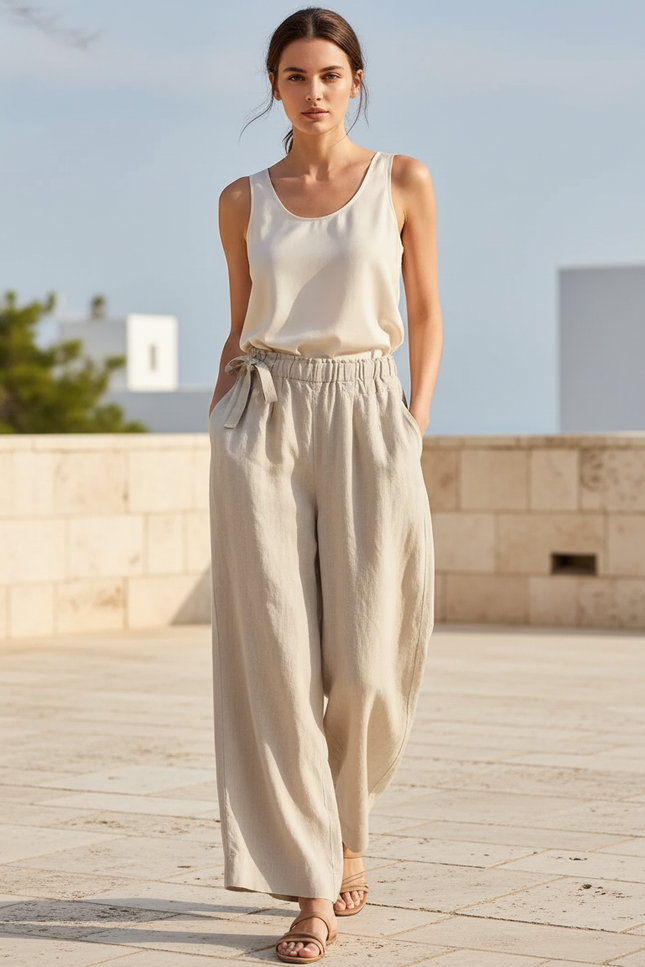 Pantalon En Lin Large Fluide Taille Haute Beige