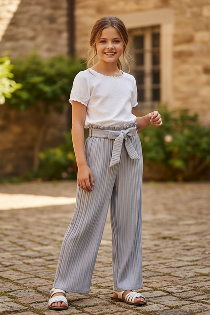 Pantalon En Lin Plissé Gris Fille Décontracté Fluide