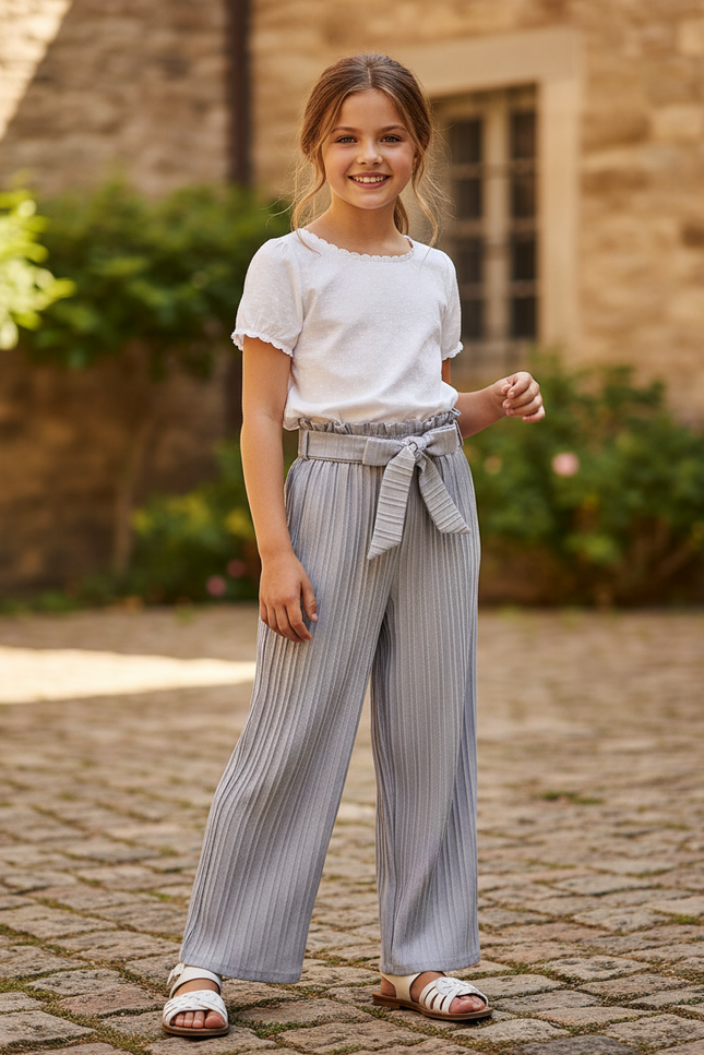 Pantalon En Lin Plissé Gris Fille Décontracté Fluide