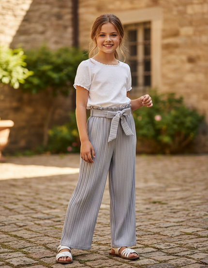 Pantalon En Lin Plissé Gris Fille Décontracté Fluide