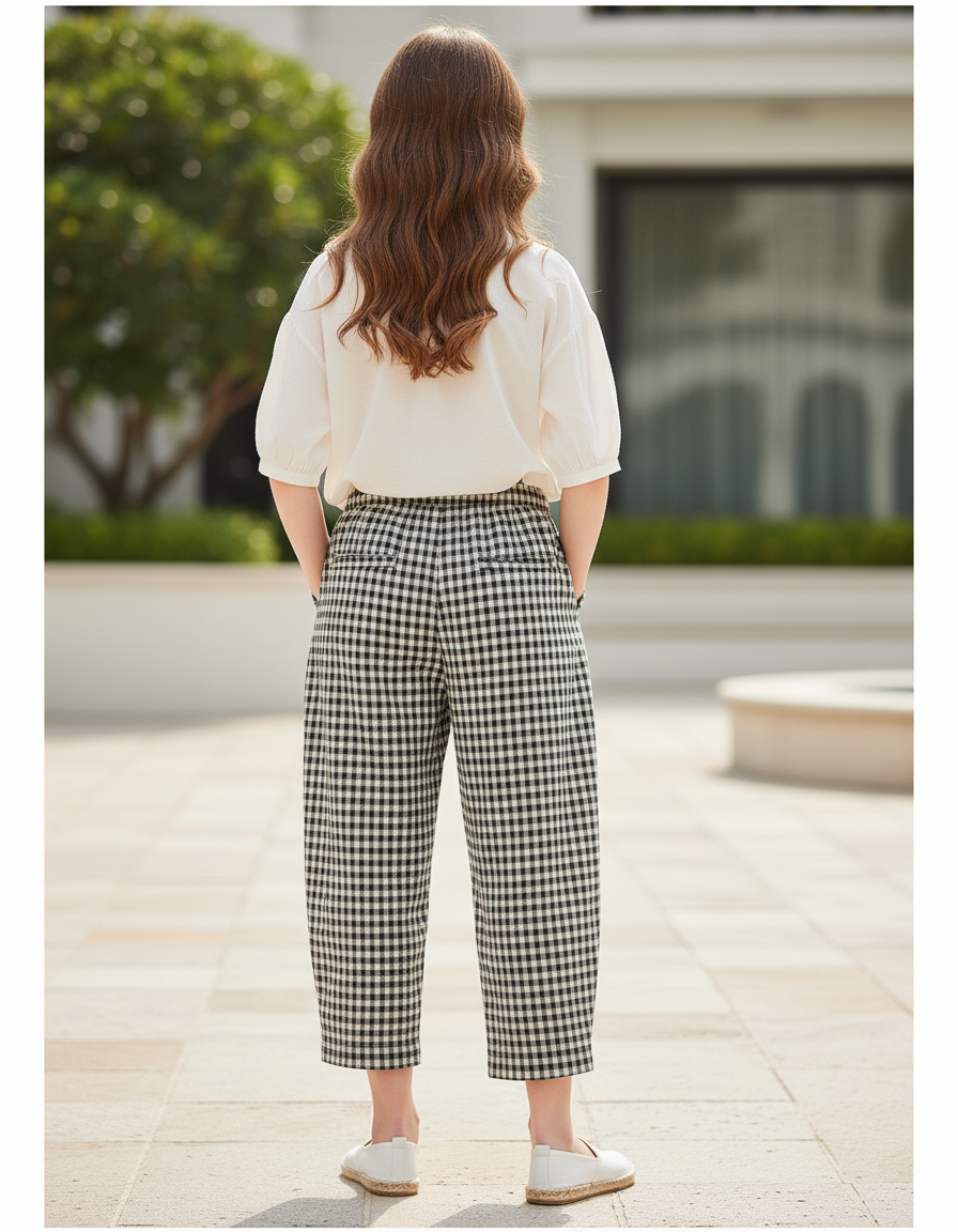 Pantalon En Lin Carreaux Noir Blanc Ample Décontracté - Imprimé - vue 2