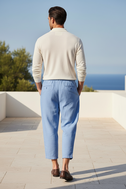 Pantalon En Lin Bleu Ample Homme Décontracté Court - vue 2