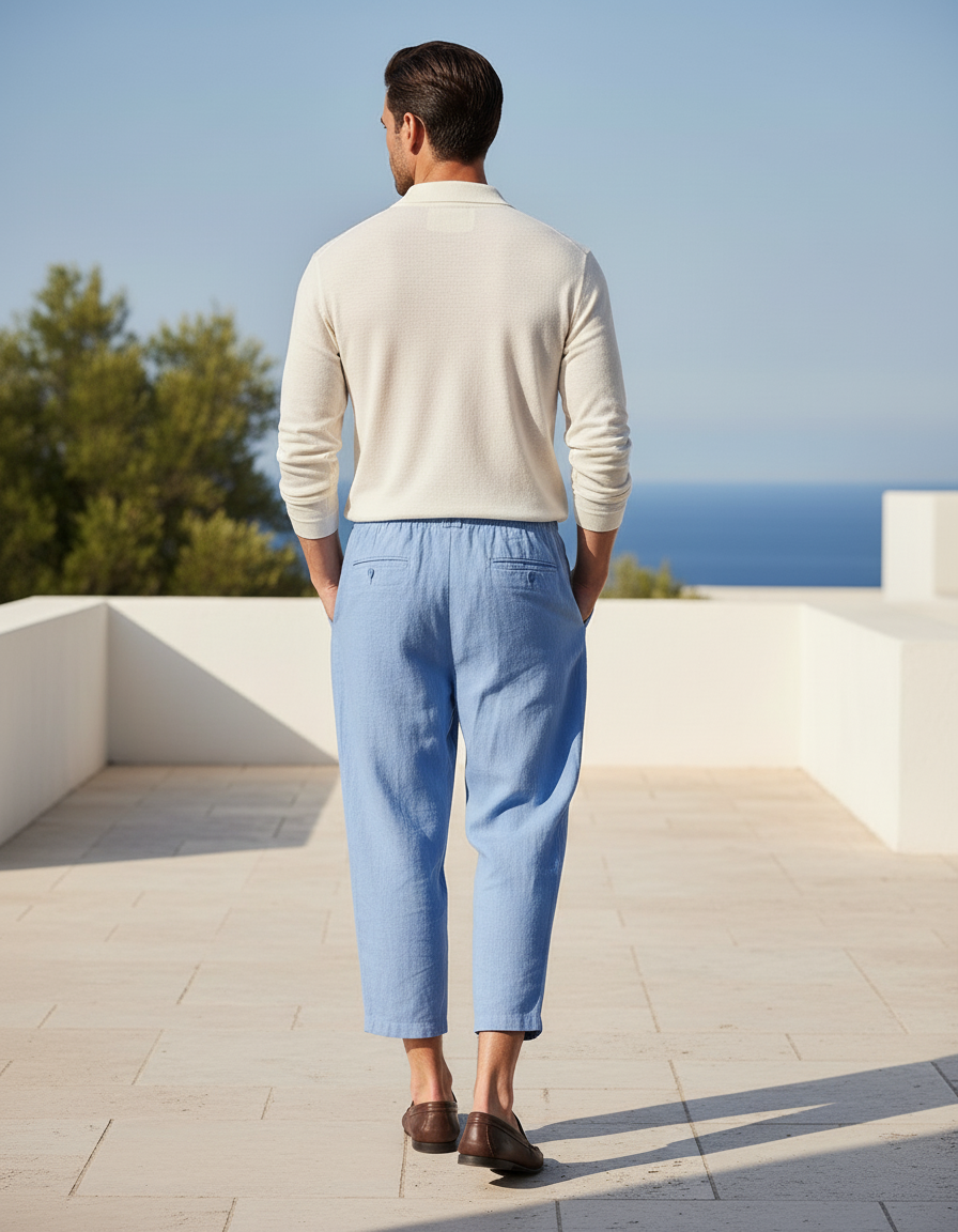 Pantalon En Lin Bleu Ample Homme Décontracté Court - vue 2