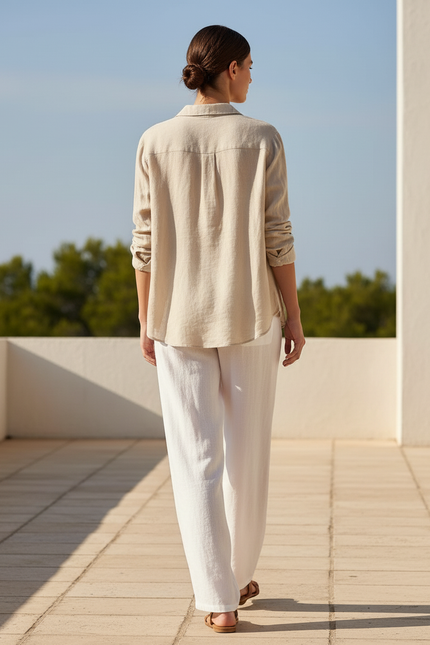 Pantalon En Lin Blanc Ample Taille Élastique Confortable - vue 2