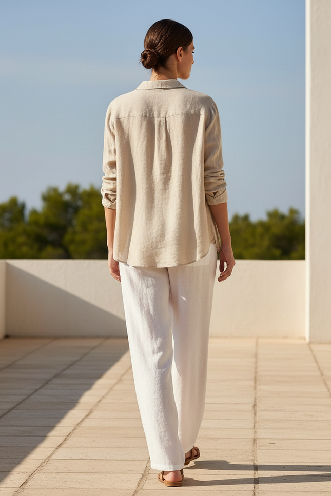Pantalon En Lin Blanc Ample Taille Élastique Confortable - vue 2