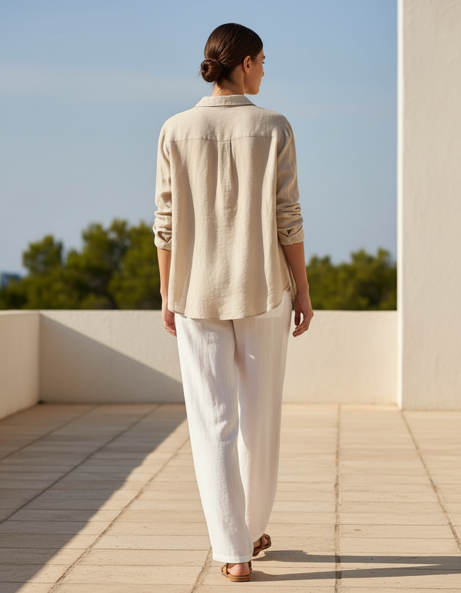 Pantalon En Lin Blanc Ample Taille Élastique Confortable - vue 2