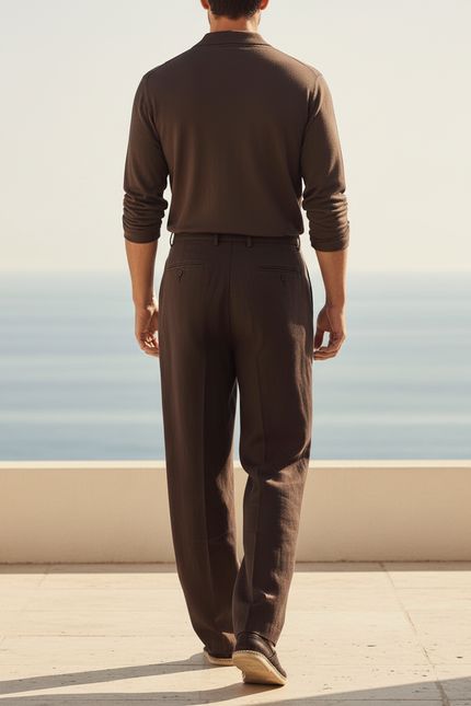 Pantalon En Lin Marron Plissé Ample Homme - vue 2