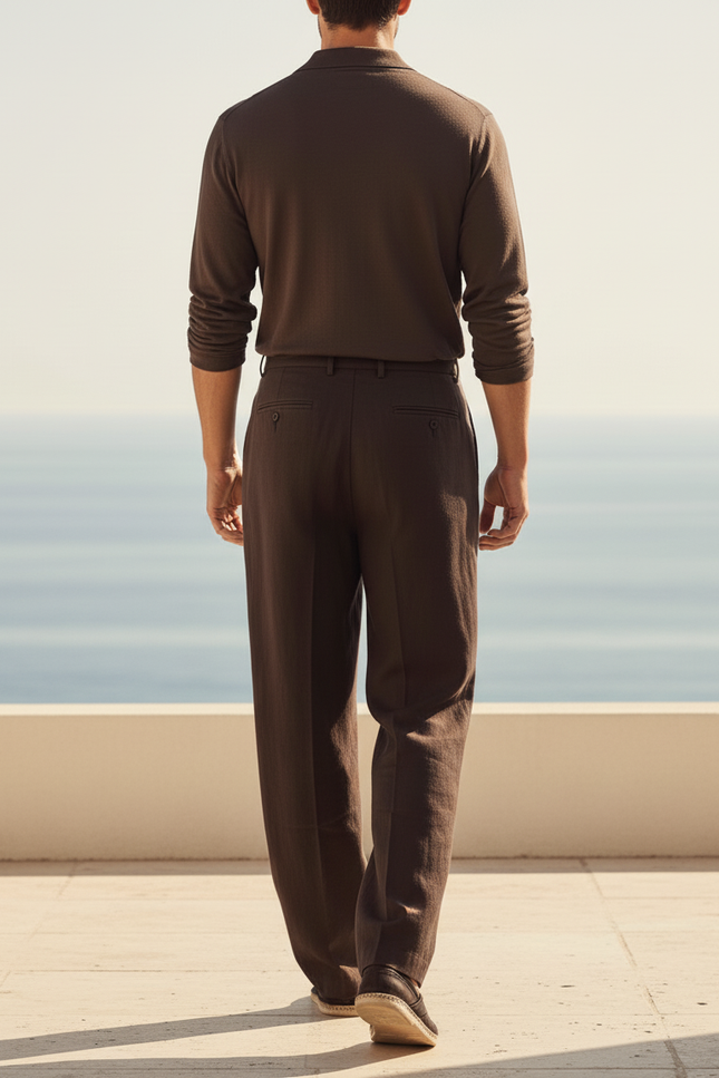 Pantalon En Lin Marron Plissé Ample Homme - vue 2