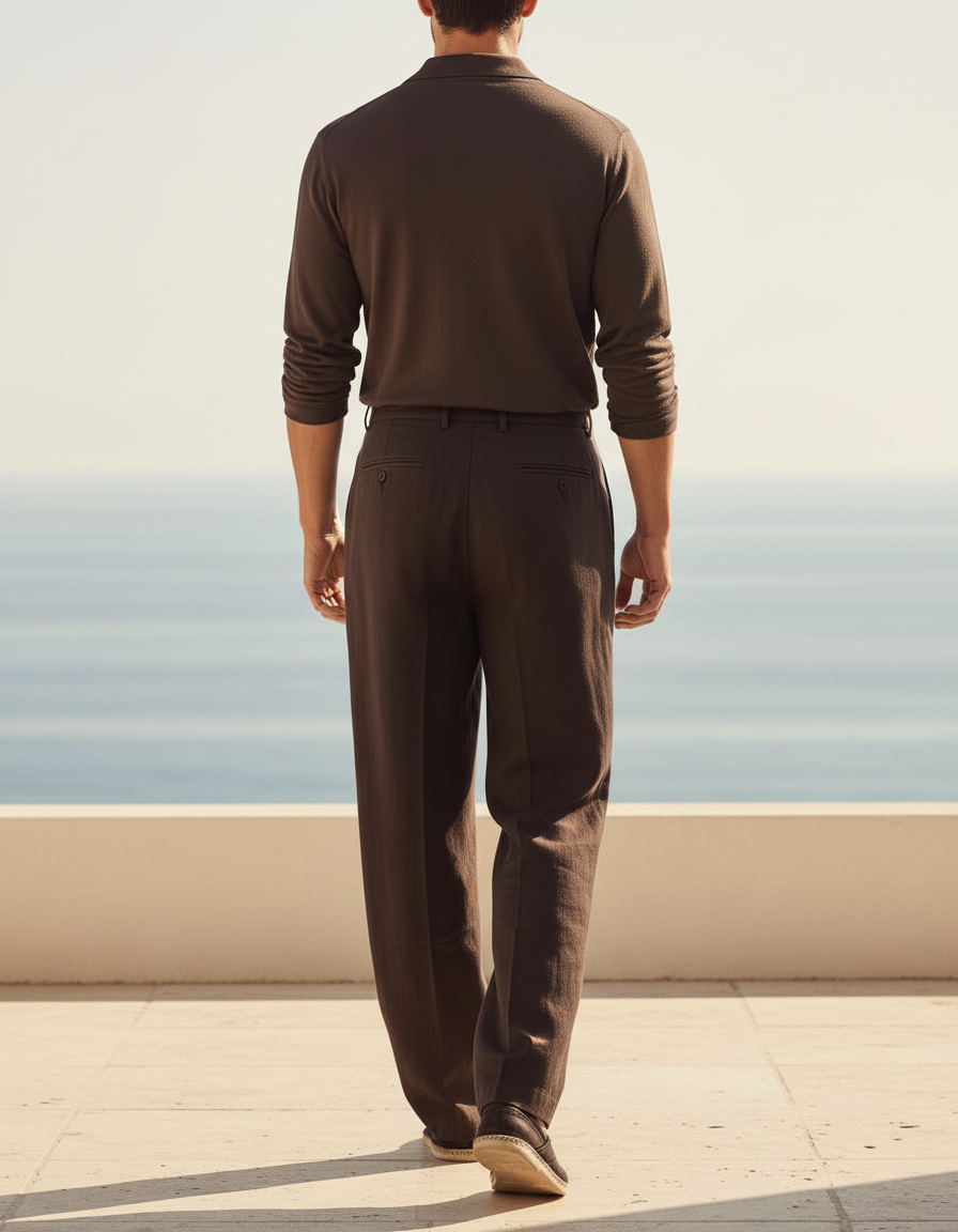 Pantalon En Lin Marron Plissé Ample Homme - vue 2