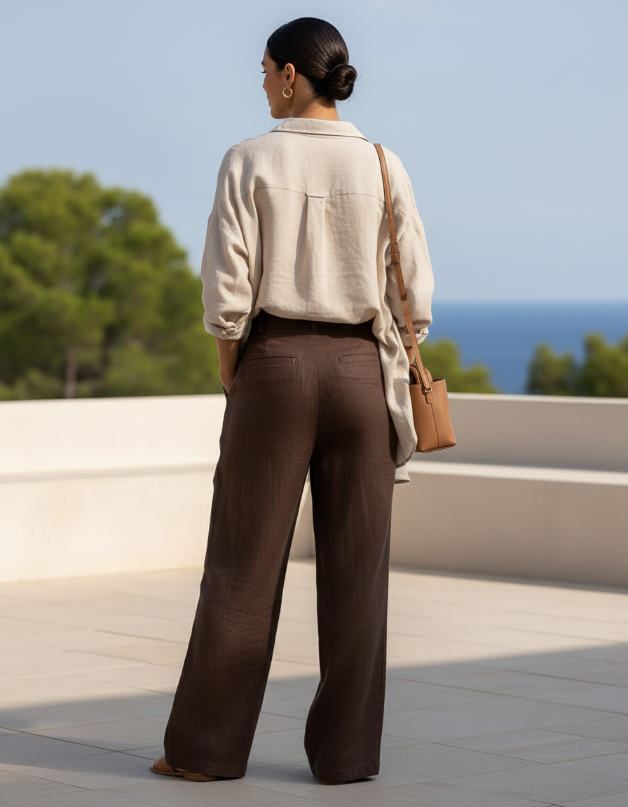 Pantalon En Lin Marron Ample Plissé Décontracté - vue 2