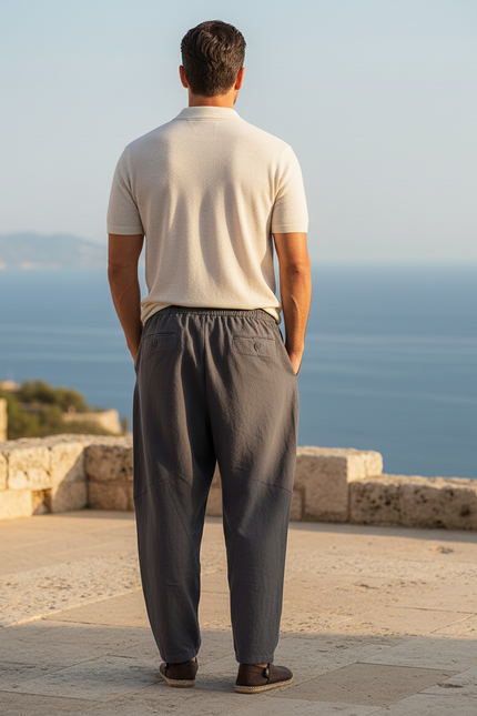Pantalon En Lin Gris Ample Décontracté Homme Cordon - vue 2