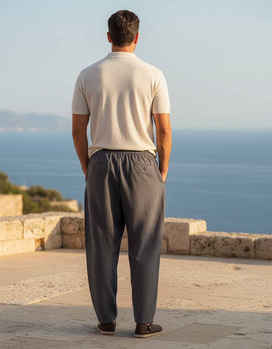Pantalon En Lin Gris Ample Décontracté Homme Cordon - vue 2