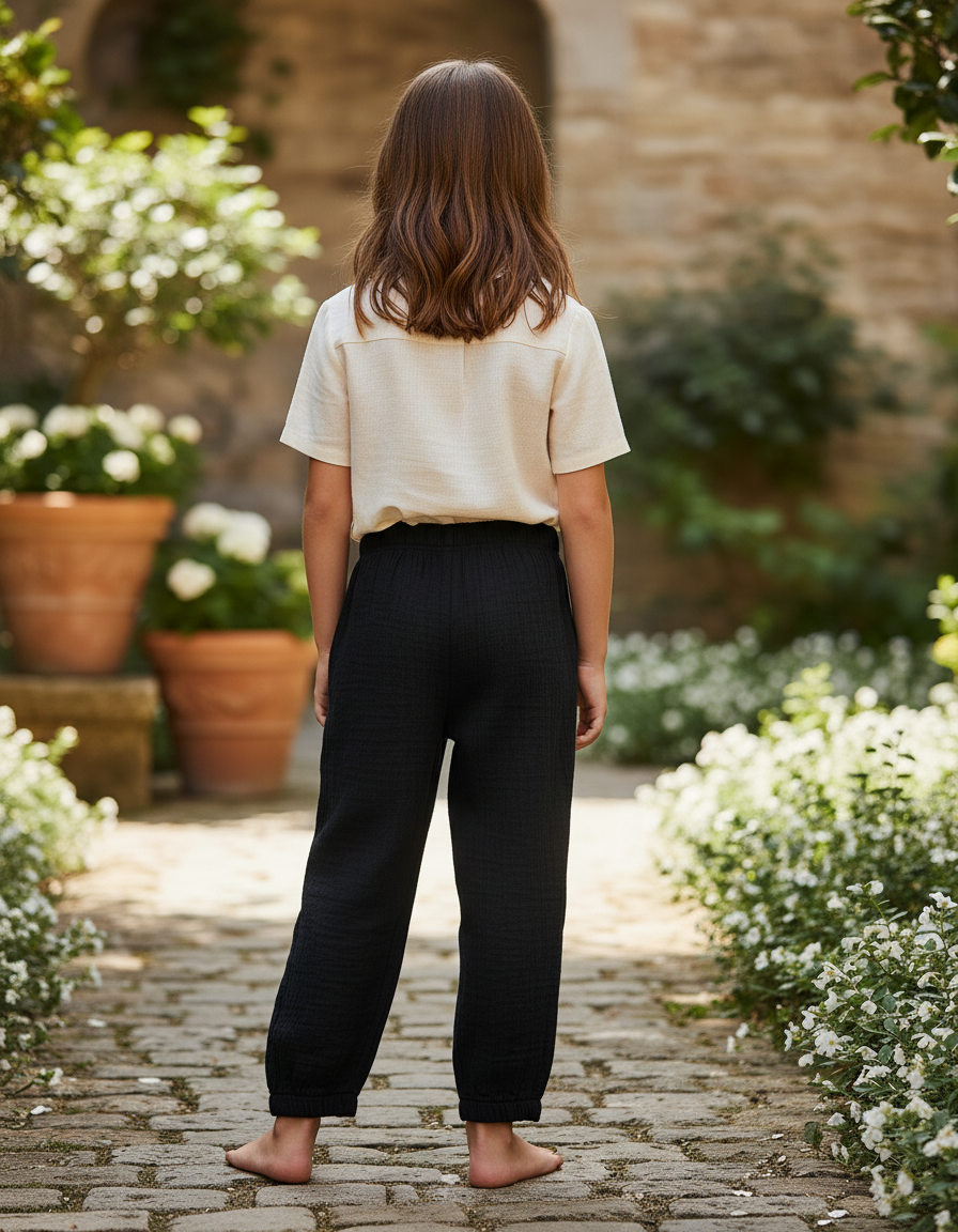 Pantalon En Lin Noir Ample Gaze Confortable Fille - vue 2