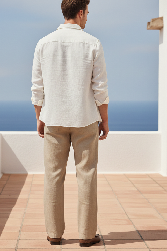 Pantalon En Lin Beige Homme Droit Décontracté Élégant - vue 2