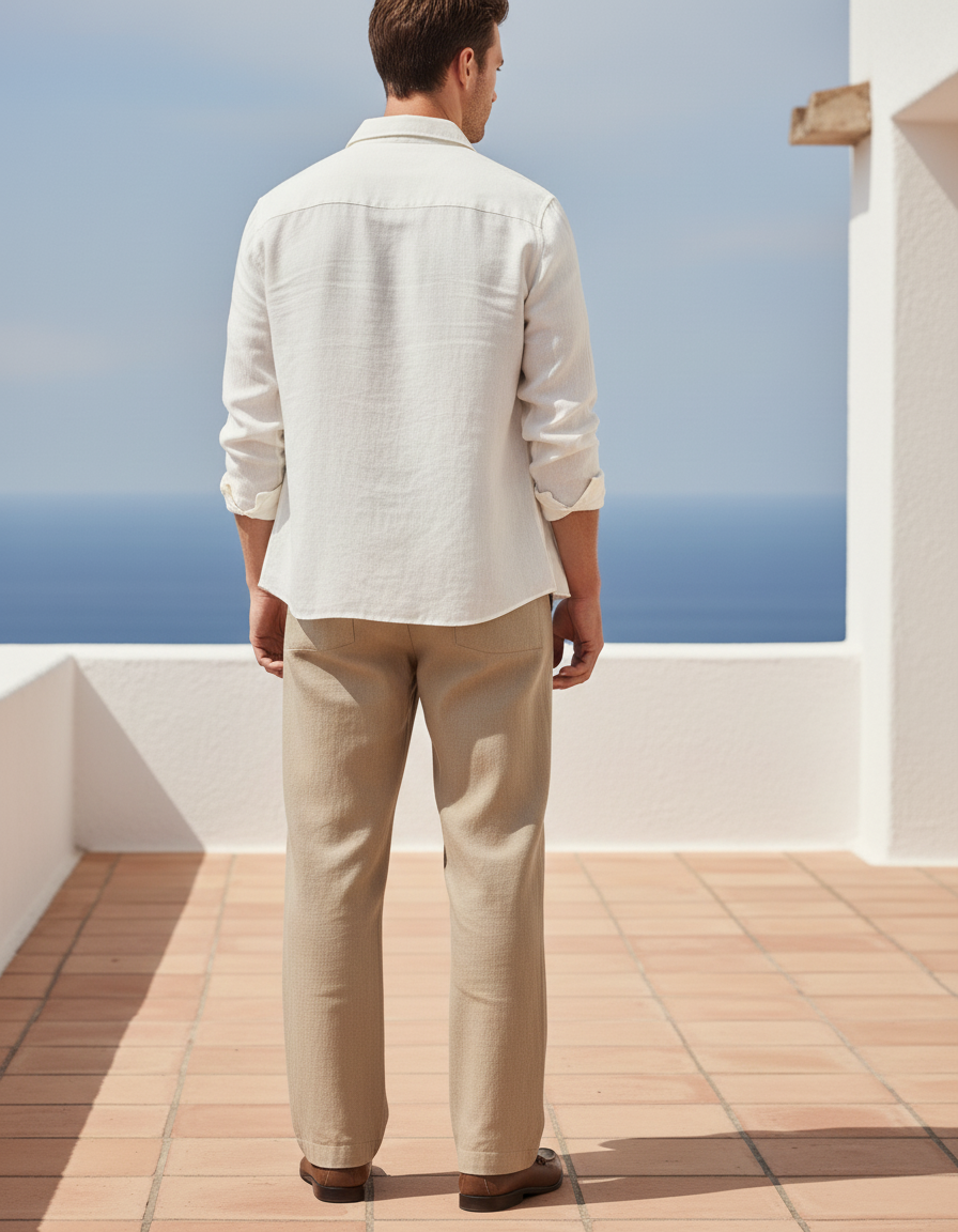 Pantalon En Lin Beige Homme Droit Décontracté Élégant - vue 2