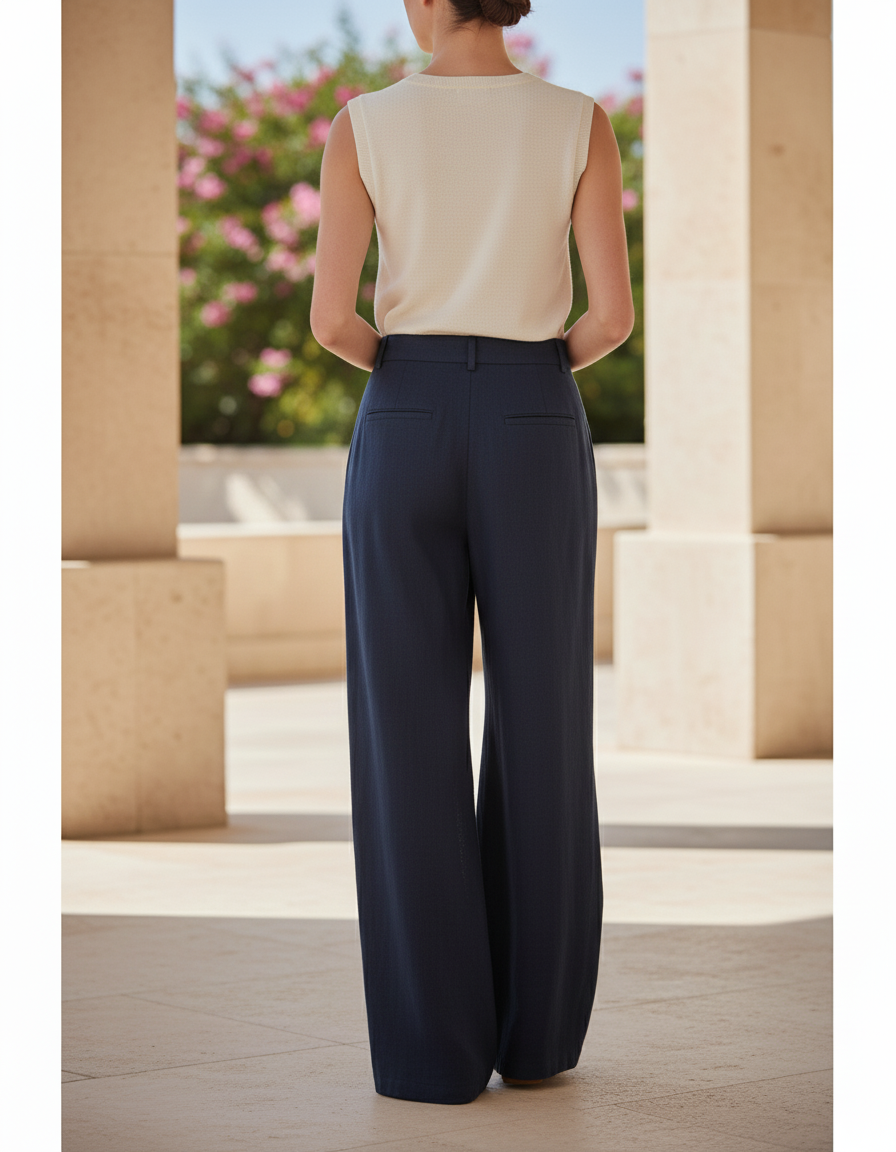 Pantalon En Lin Marine Ample Taille Haute Droit Élégant - vue 2