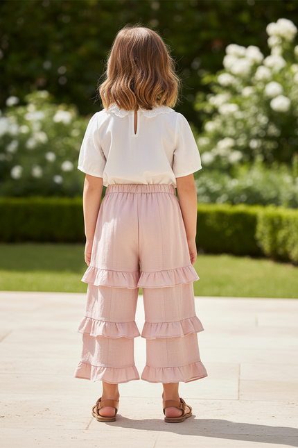 Pantalon En Lin Rose Volants Fille Confortable Décontracté - vue 2