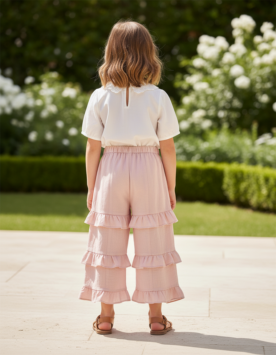 Pantalon En Lin Rose Volants Fille Confortable Décontracté - vue 2