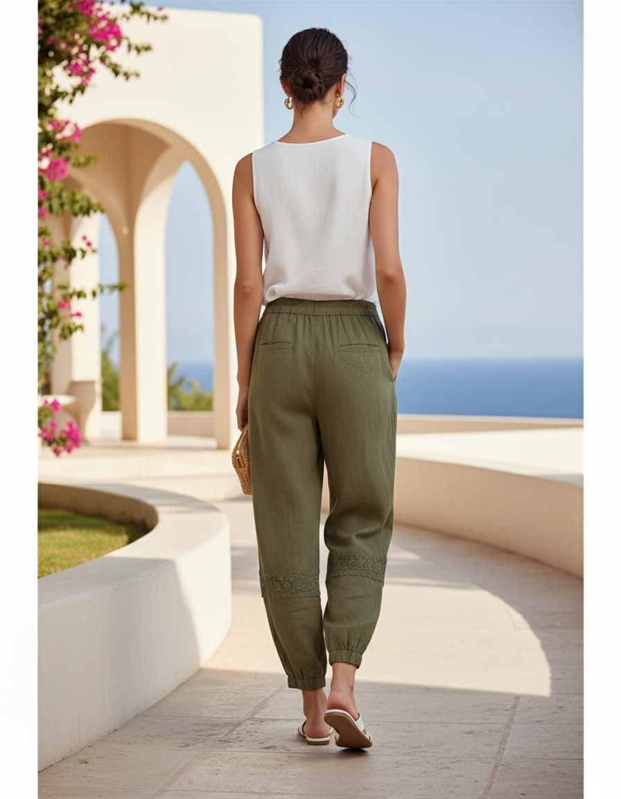 Pantalon En Lin Vert Kaki Ample Dentelle Décontracté - vue 2