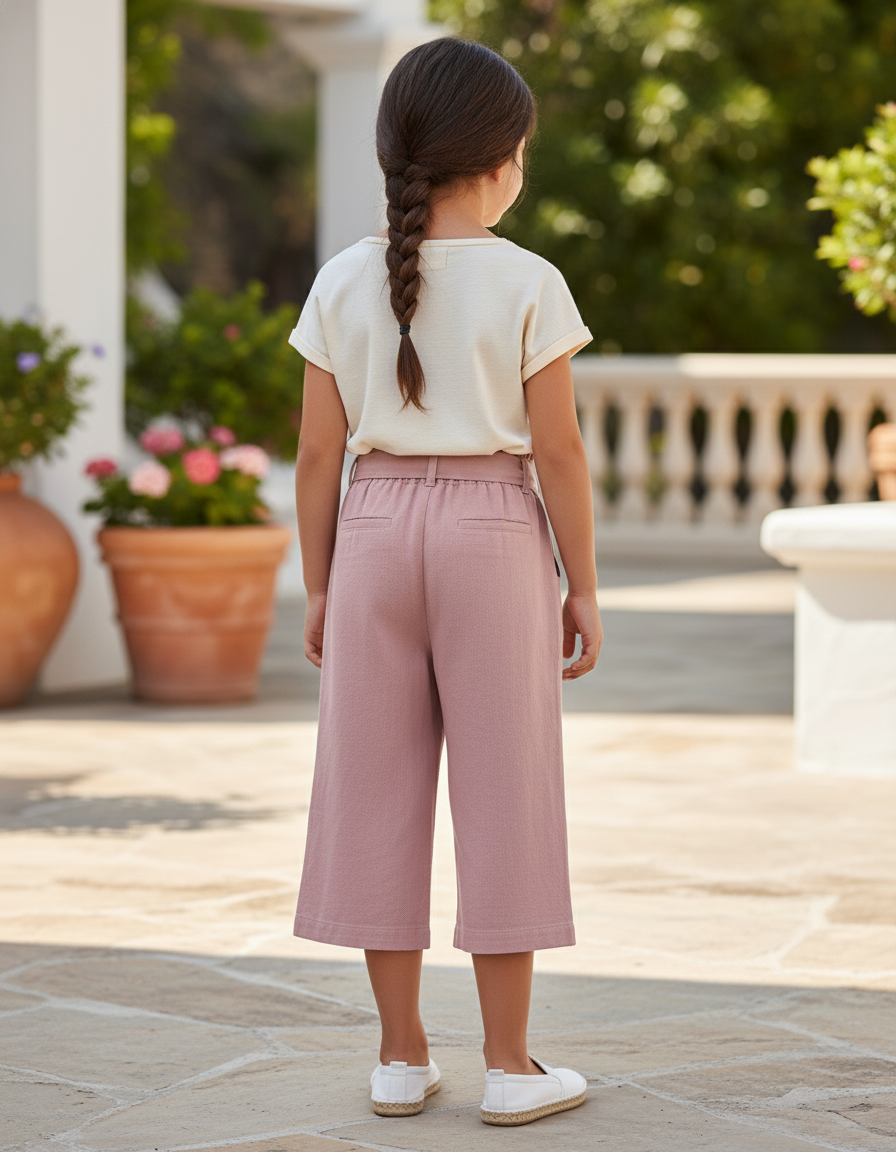 Pantalon En Lin Rose Ample Taille Haute Enfant - vue 2
