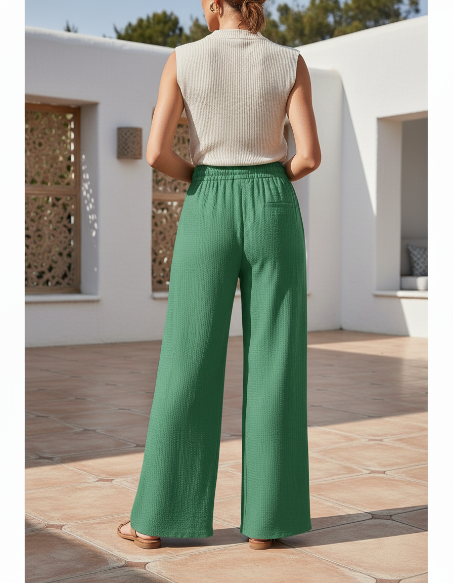 Pantalon En Lin Vert Ample Taille Haute Fluide - vue 2