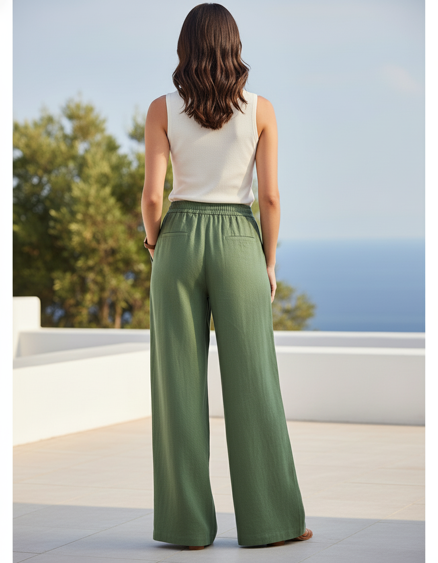 Pantalon En Lin Vert Ample Élastiqué Fluide Décontracté - vue 2