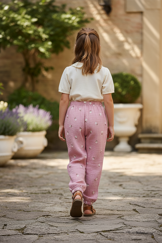 Pantalon En Lin Rose Brodé Enfants Ample Décontracté - vue 2