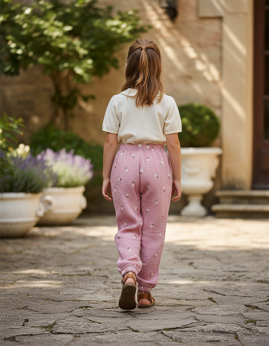 Pantalon En Lin Rose Brodé Enfants Ample Décontracté - vue 2