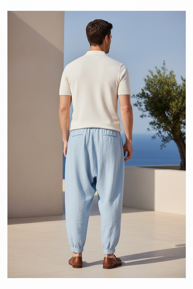 Pantalon En Lin Bleu Ciel Ample Cordon Homme - vue 2